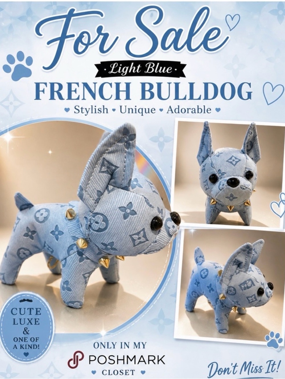 Epi leather Designer-Style Light Blue Bull Dog Toy w Stud Details Coin Pouch